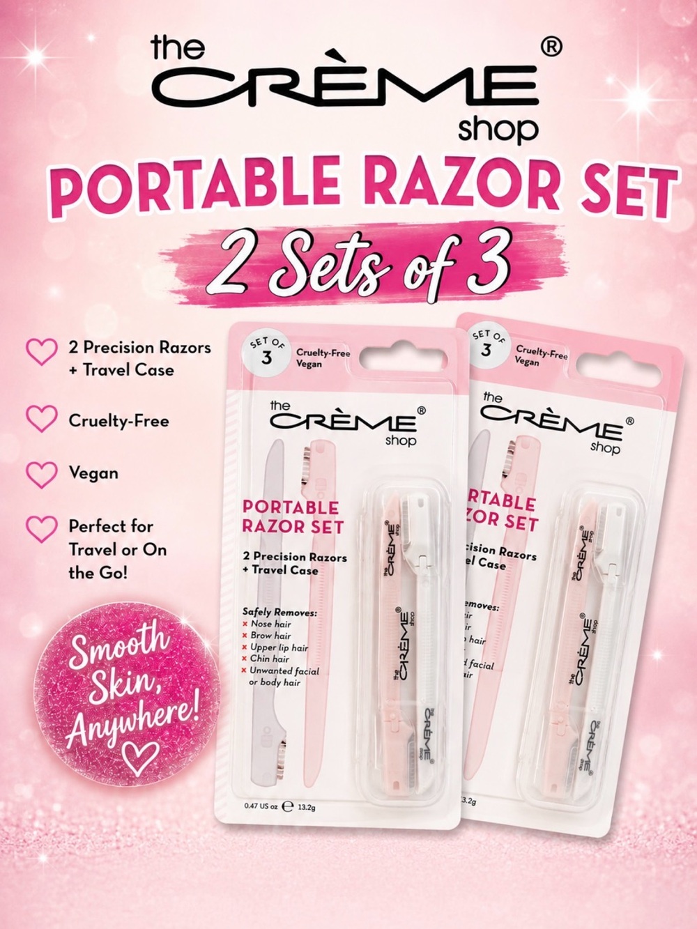 The Crème Shop Portable Razor Set – Pink Precision Travel Razors (2 Sets of 3)